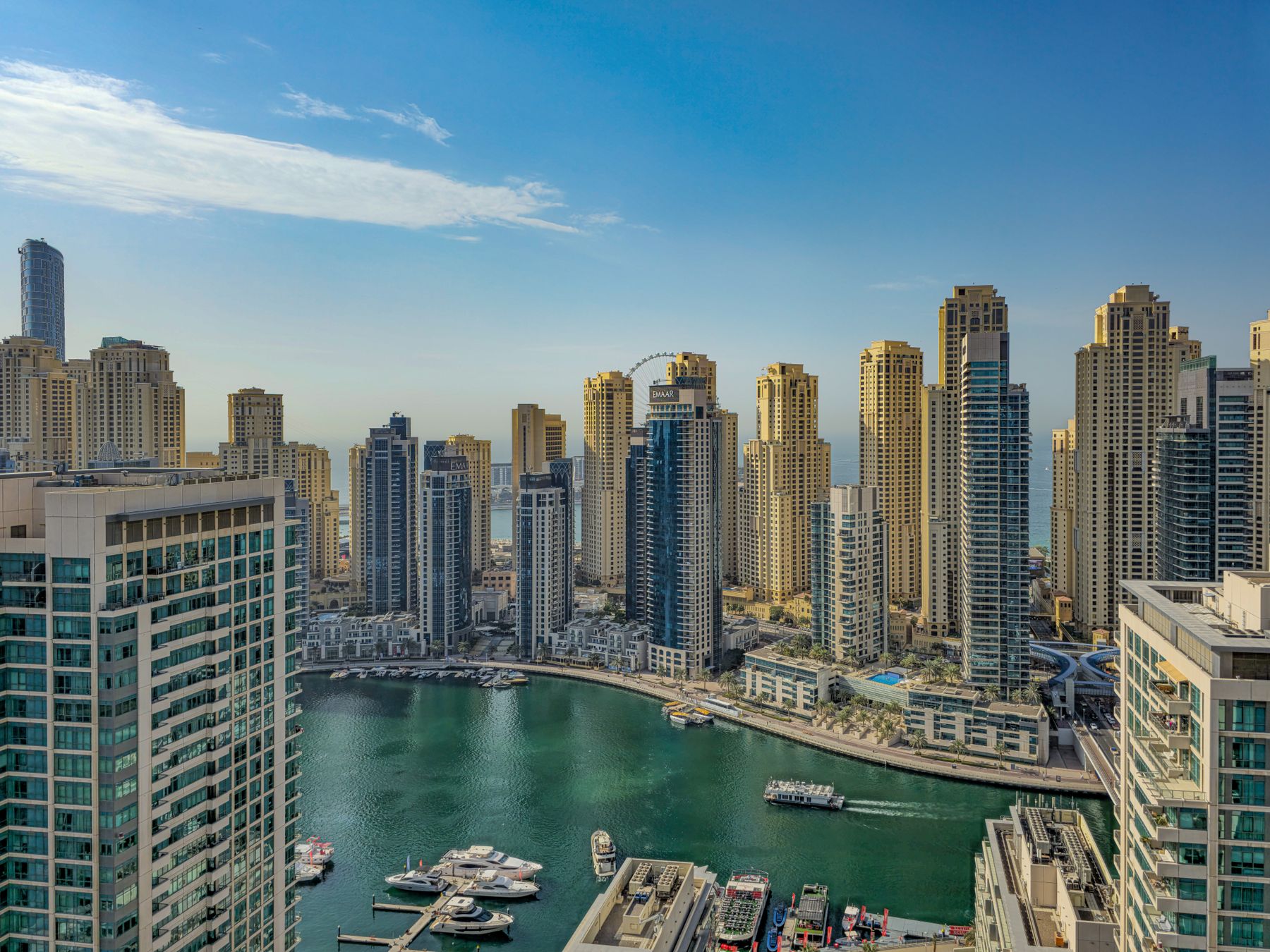 Aerial view of Dubai Marina and its waterfront high-rise buildings